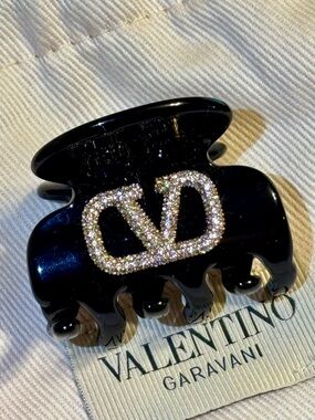 Valentino Garavani Black Hair Claw with Crystal Logo